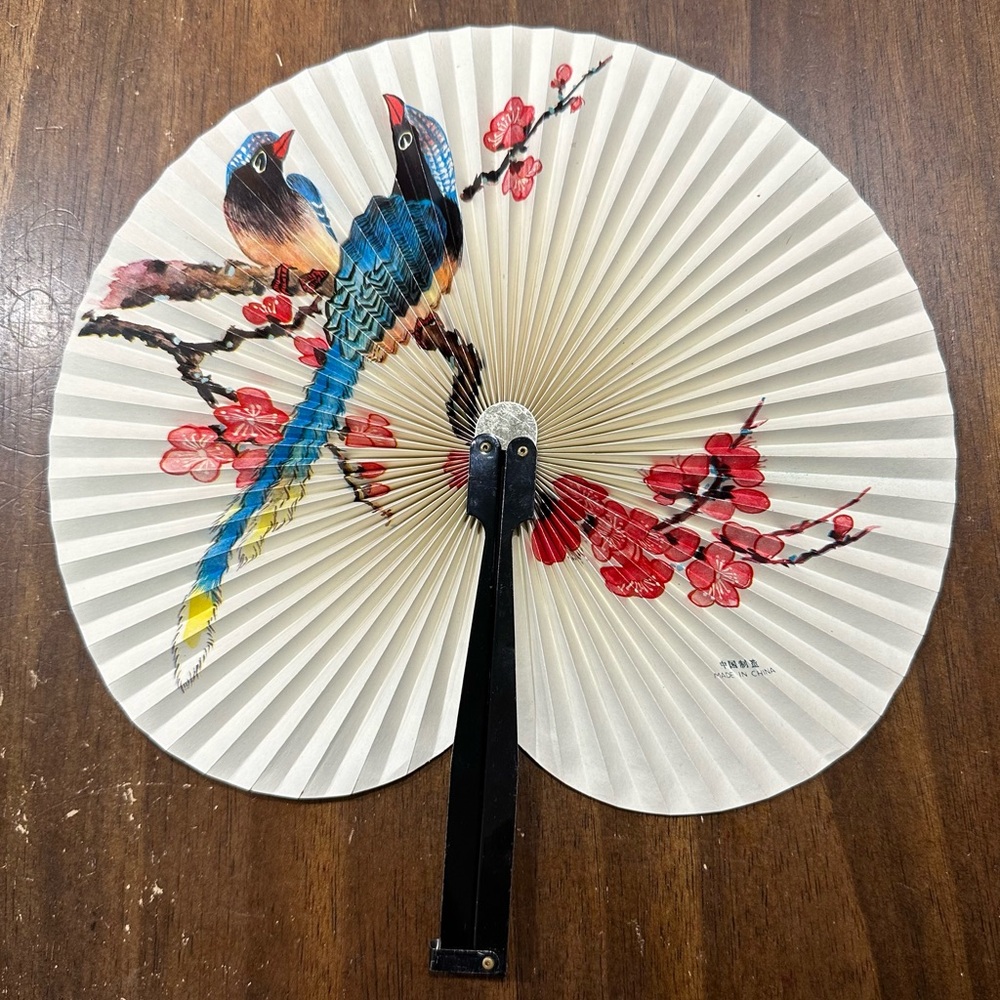 Vintage Paper Hand Fan Birds Flowers Fold Up